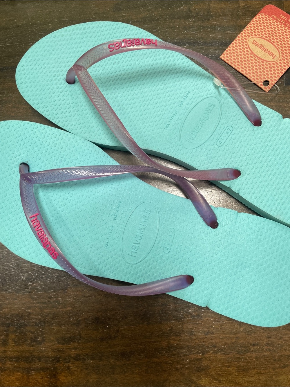 Havaianas Aqua Teal Flip Flops with Purple Translucent Straps